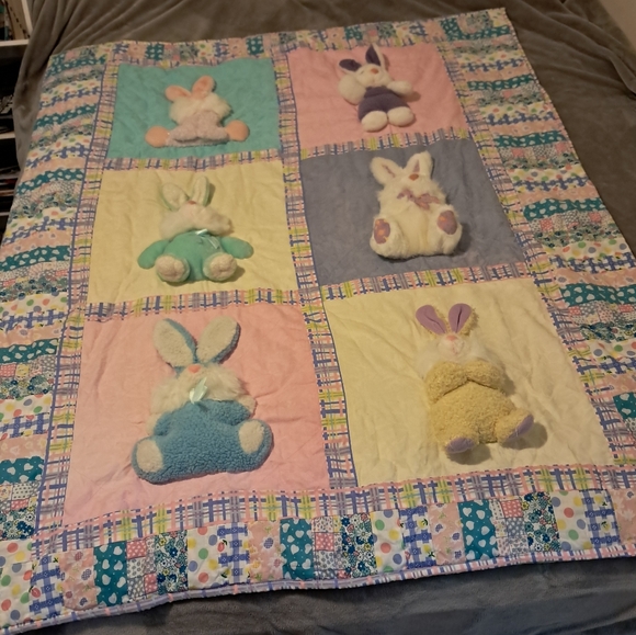 Vintage 3D bunny plush toddler blanket quilt throw comforter cotton - Picture 2 of 12